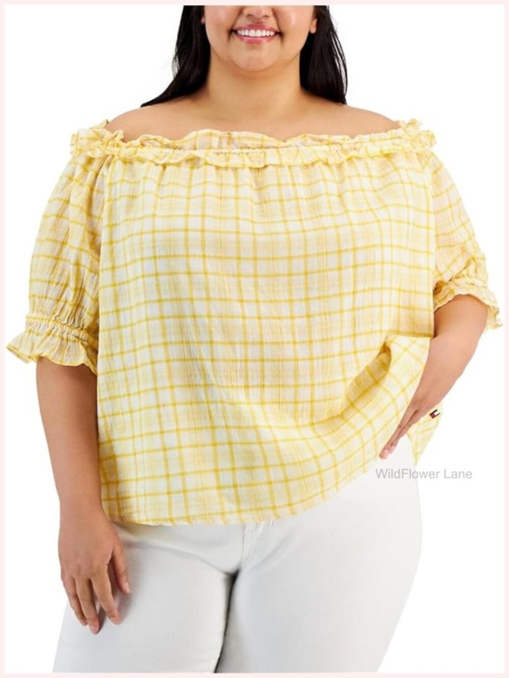 Off Shoulder Ruffle Blouse Plaid Button Down Short Sleeve